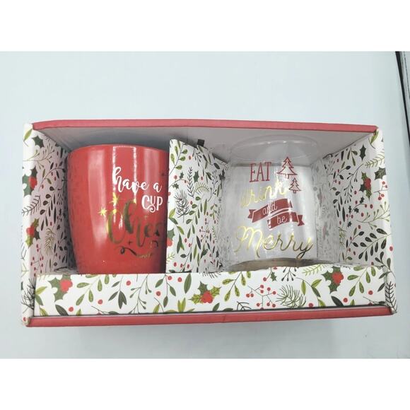 Belle Maison Seamless Wine Glass & Coffee Mug Set Christmas Gift Set Cheer Merry - Picture 1 of 4